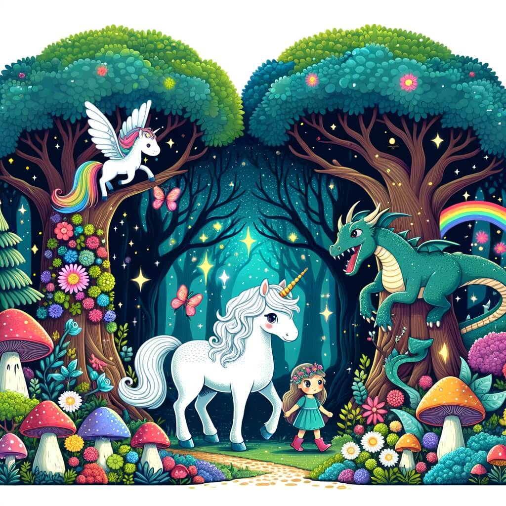 Une illustration destinée aux enfants représentant une licorne blanche, accompagnée d'une petite fille, dans un jardin enchanté rempli d'arbres géants aux fleurs phosphorescentes et aux champignons multicolores, où des fées volent et des dragons crachent du feu.