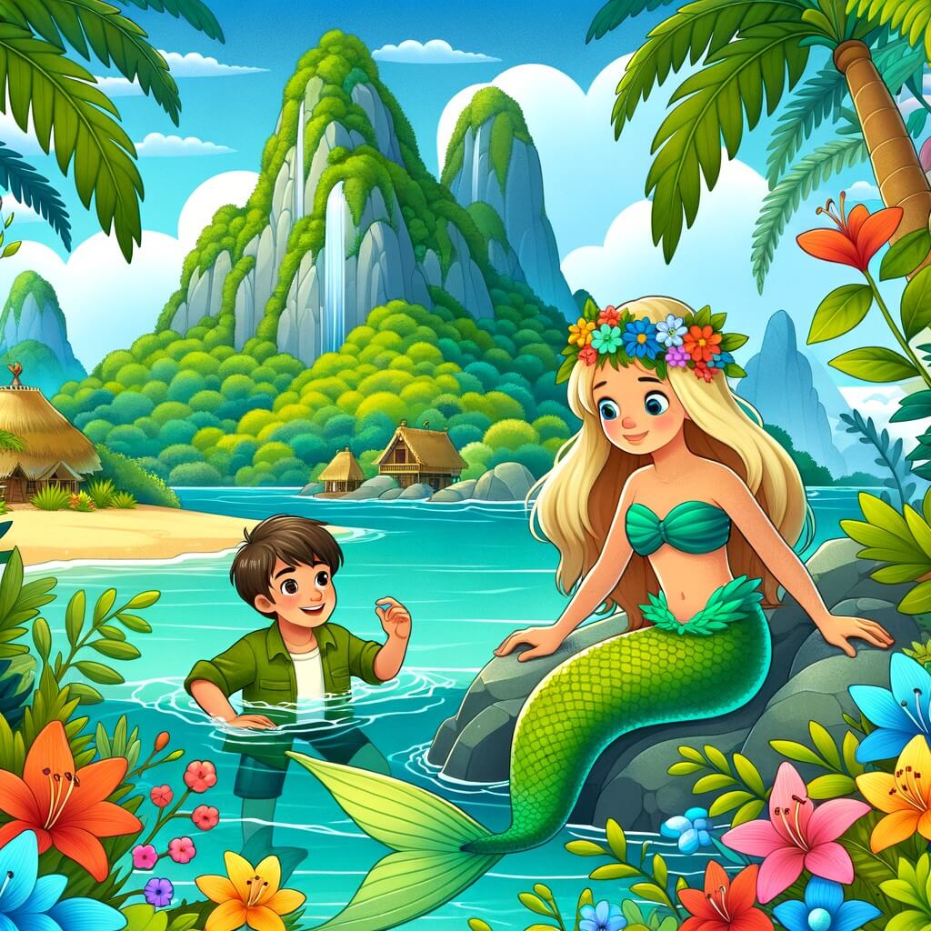 Une illustration destinée aux enfants représentant une sirène curieuse découvrant une île enchantée avec l'aide d'un jeune garçon, entourés d'eau cristalline et de fleurs tropicales multicolores, surplombés de majestueuses montagnes verdoyantes.