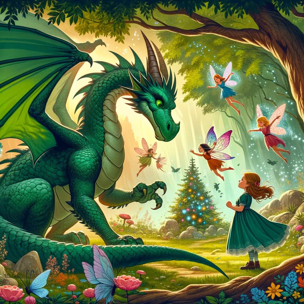 Une illustration destinée aux enfants représentant un majestueux dragon vert rencontrant une petite fille curieuse dans une forêt enchantée remplie de fées virevoltantes et d'arbres aux couleurs éclatantes.