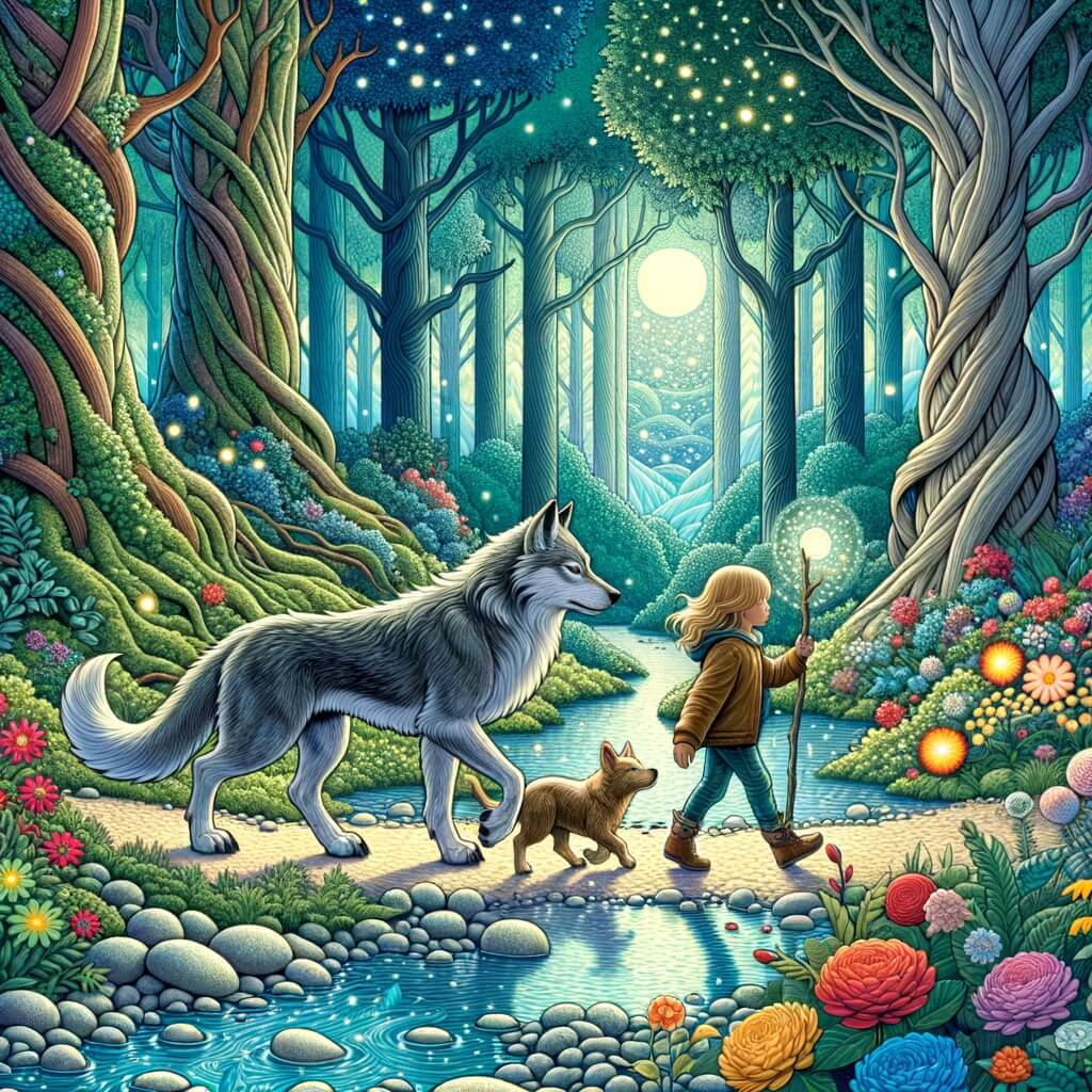 Une illustration destinée aux enfants représentant une créature mi-homme mi-loup, se promenant dans une forêt enchantée avec une petite fille curieuse et son chien fidèle, parmi des arbres gigantesques, des fleurs luisantes et une rivière cristalline.