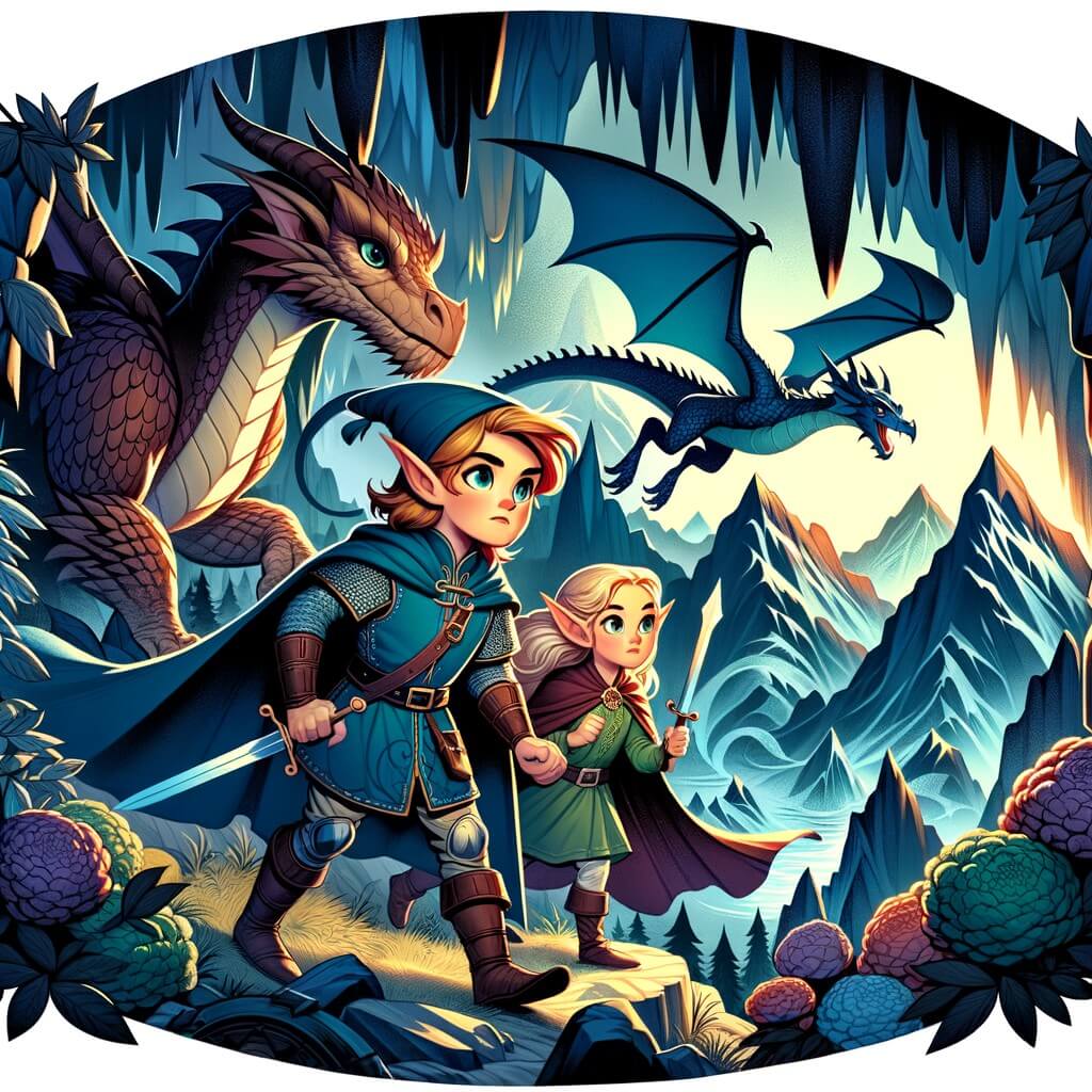 Une illustration destinée aux enfants représentant un elfe courageux et intrépide, accompagné d'un dragon amical, explorant une grotte sombre et mystérieuse surplombant une montagne majestueuse, dans le but de retrouver une pierre magique pour sauver leur royaume enchanté.