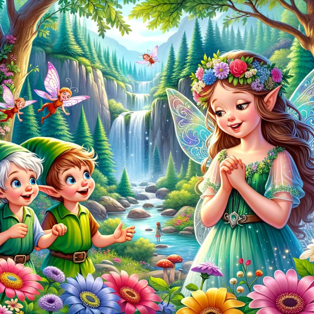 Une illustration destinée aux enfants représentant une fée curieuse, émerveillée par la beauté de la nature, accompagnée de deux lutins malicieux, dans une forêt enchantée aux arbres majestueux, aux fleurs multicolores et aux cascades scintillantes.