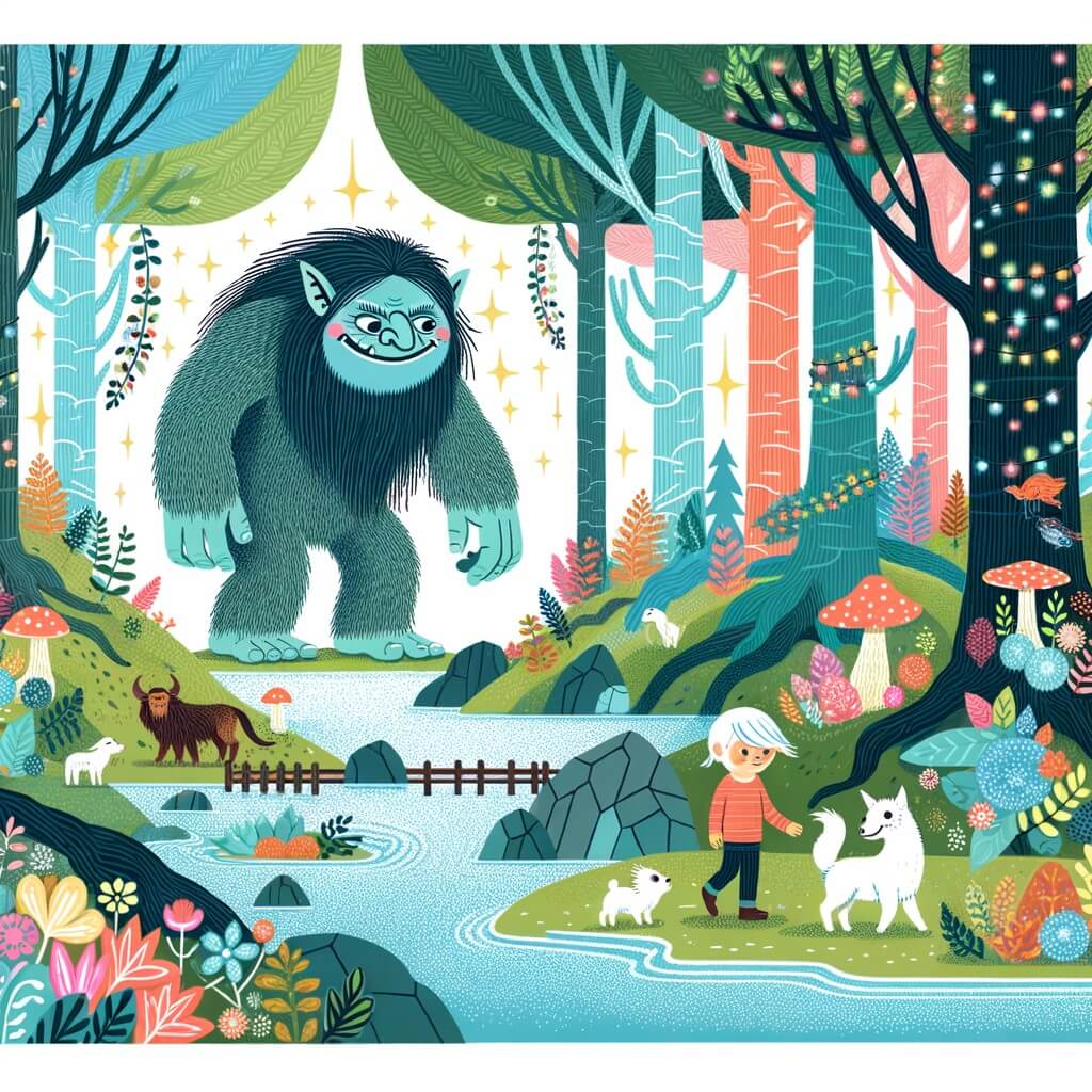 Une illustration destinée aux enfants représentant un troll géant, protecteur d'un monde merveilleux, accompagné d'un petit garçon, explorant une forêt enchantée avec une rivière scintillante, des arbres gigantesques, des fleurs multicolores et des animaux parlants.