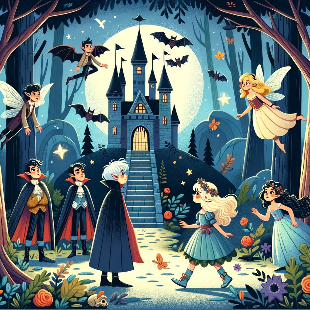 Une illustration destinée aux enfants représentant une vampire curieuse et courageuse se retrouvant dans un royaume magique avec des vampires élégamment vêtus, des fées aux cheveux blonds et des chauves-souris volant autour d'un château en ruines situé au cœur d'une forêt sombre et mystérieuse.
