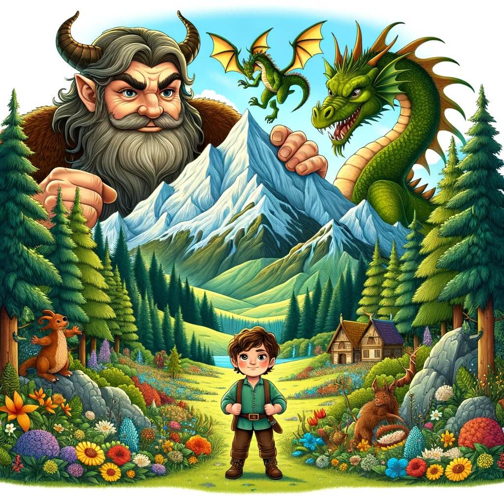 Une illustration pour enfants représentant un géant bienveillant banni de son royaume qui rencontre un jeune garçon curieux dans une forêt mystique.