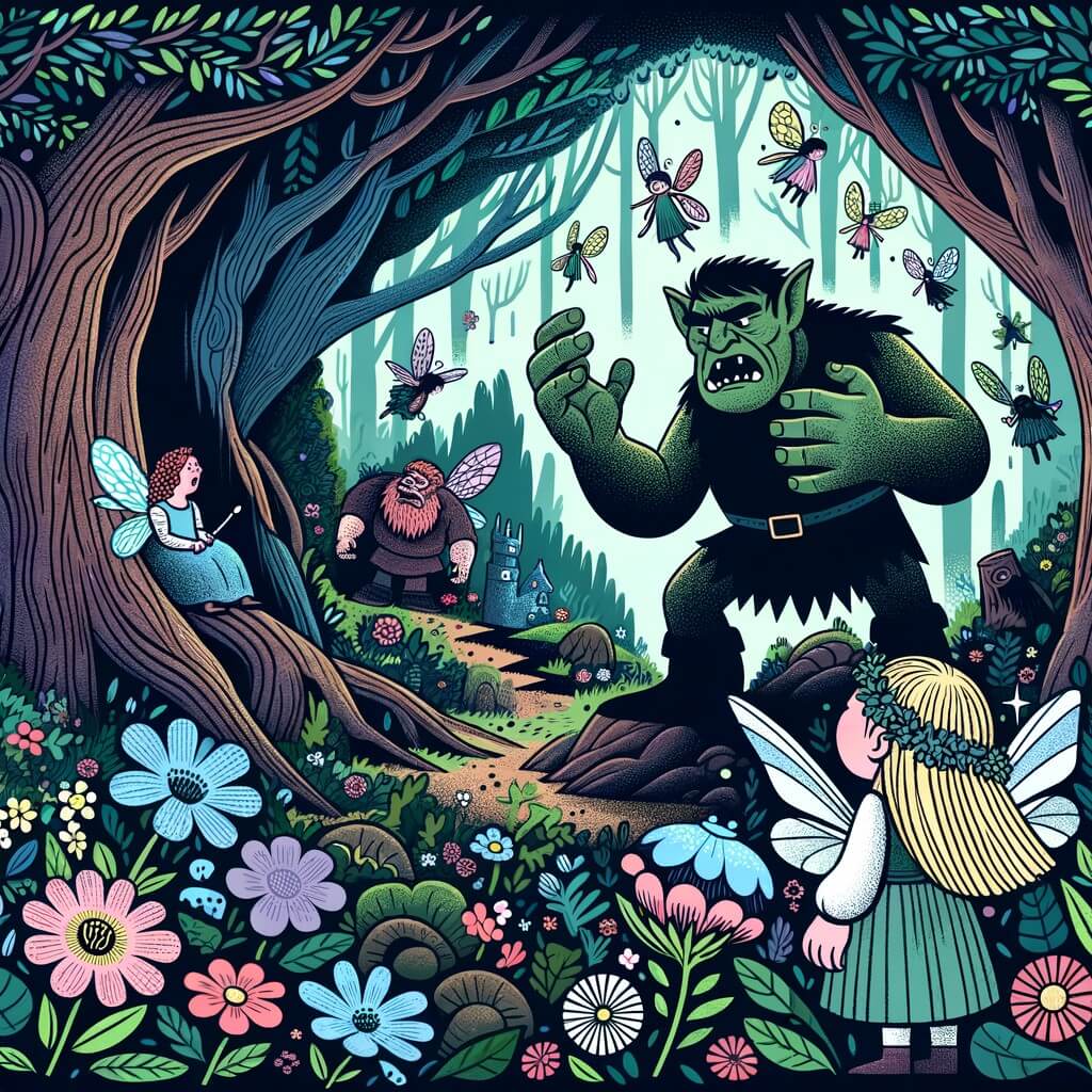 Une illustration destinée aux enfants représentant un ogre terrifiant se disputant avec des fées dans une sombre et mystérieuse grotte, tandis qu'une petite fille courageuse, Mia, les observe avec curiosité dans une forêt enchantée remplie de fleurs colorées et d'arbres majestueux.