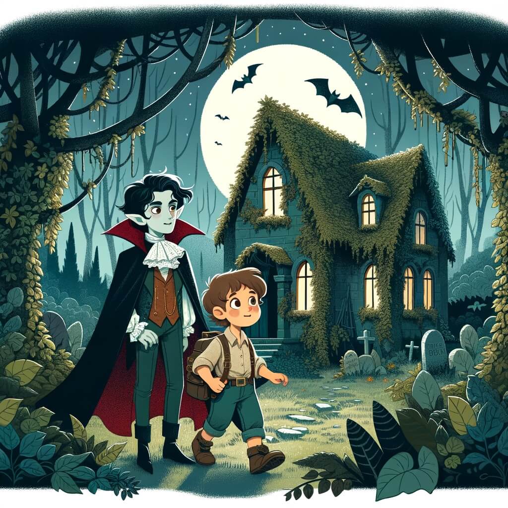 Une illustration destinée aux enfants représentant un vampire curieux et gentil, accompagné d'un jeune aventurier, explorant une maison abandonnée recouverte de lierre, dans une forêt mystérieuse et enchantée.
