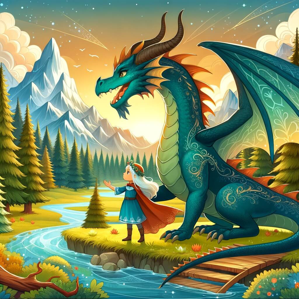 Une illustration destinée aux enfants représentant un dragon majestueux, accompagné d'une jeune fille courageuse, se trouvant dans un monde féerique rempli de forêts enchantées, de montagnes imposantes et de rivières scintillantes.