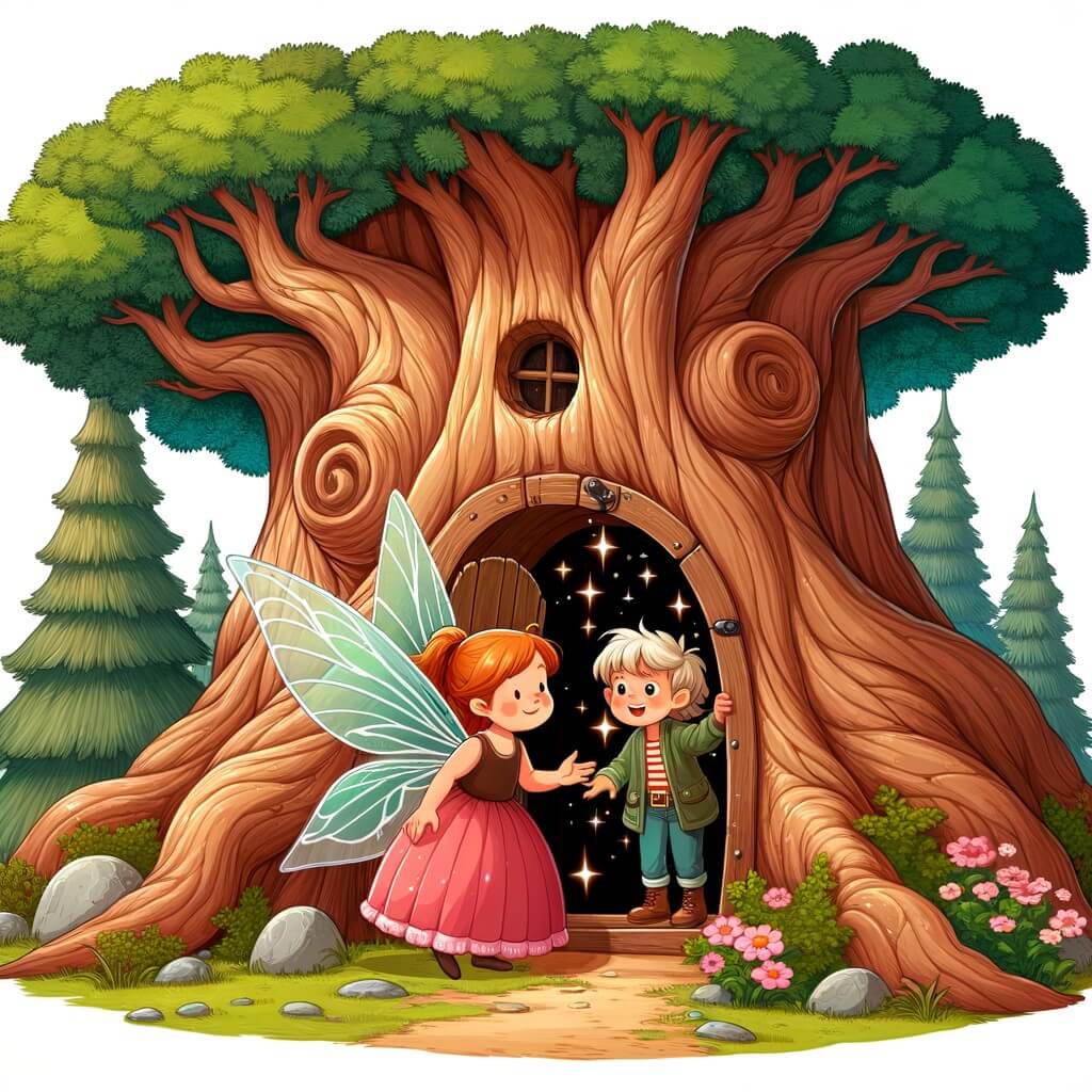 Une illustration destinée aux enfants représentant une fée curieuse découvrant une porte secrète dans le tronc d'un immense arbre, menant à un monde féerique enchanté, où elle fera la rencontre d'une petite fille courageuse prête à l'aider à sauver leur monde magique.