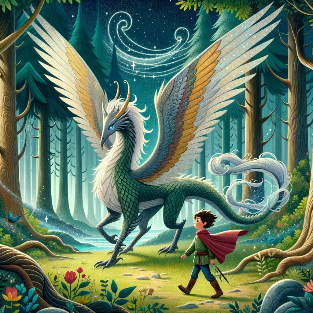 Une illustration destinée aux enfants représentant une majestueuse créature ailée aux écailles scintillantes, accompagnée d'un jeune garçon courageux, dans une forêt enchantée où les arbres semblent danser au rythme des murmures mystérieux.