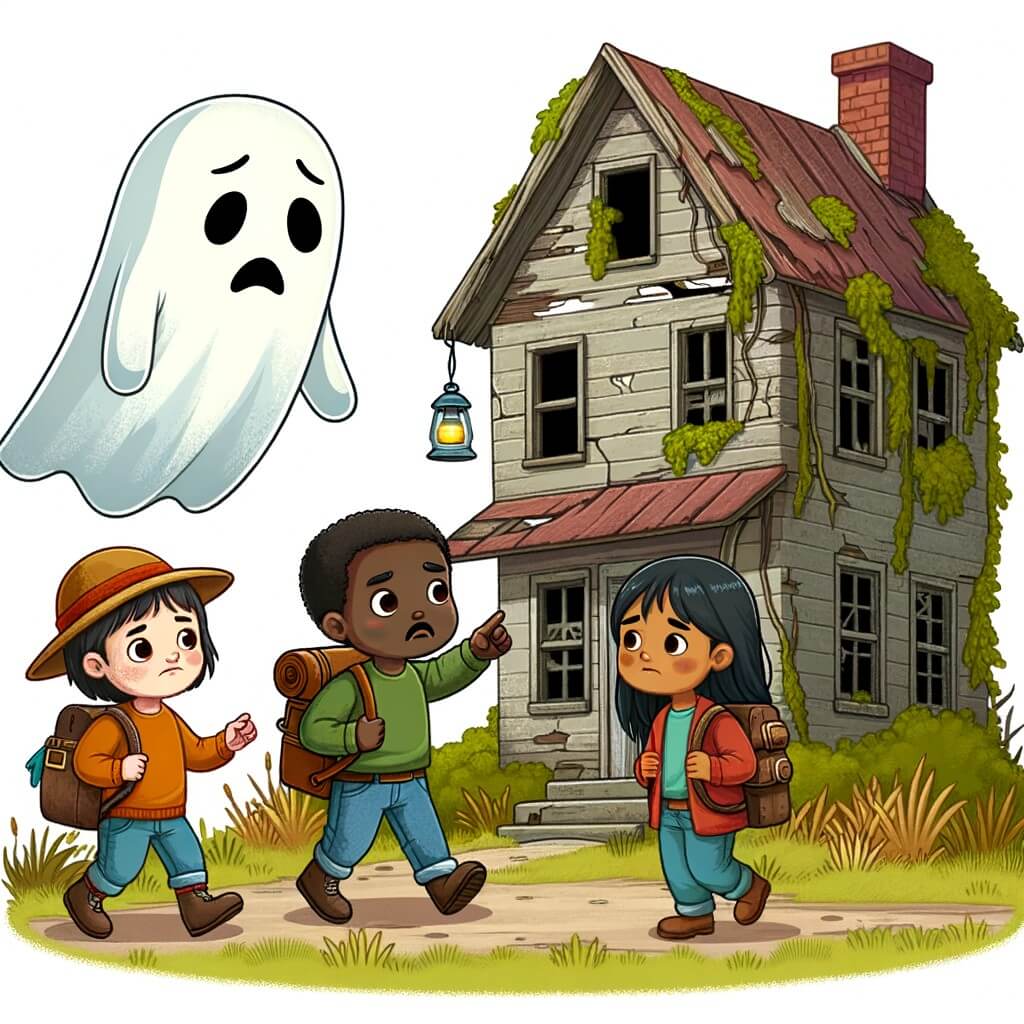 Une illustration destinée aux enfants représentant un fantôme triste flottant dans une vieille maison abandonnée, tandis qu'une petite fille curieuse et ses amis courageux tentent de devenir ses amis dans l'espoir de lui apporter de la joie et de la compagnie.