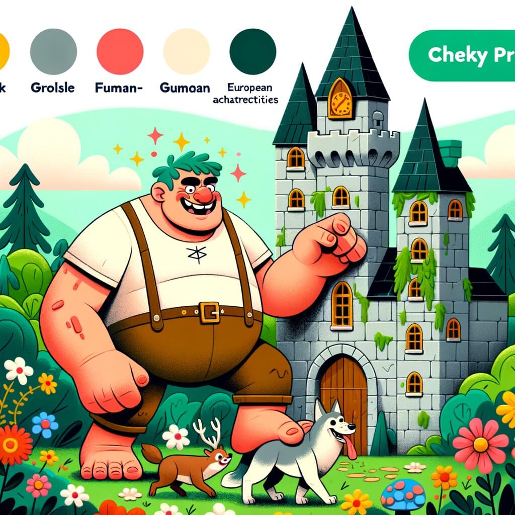 Une illustration destinée aux enfants représentant un géant farceur qui joue des tours à ses amis animaux dans un immense château en pierre, entouré de verdure luxuriante et de fleurs colorées.