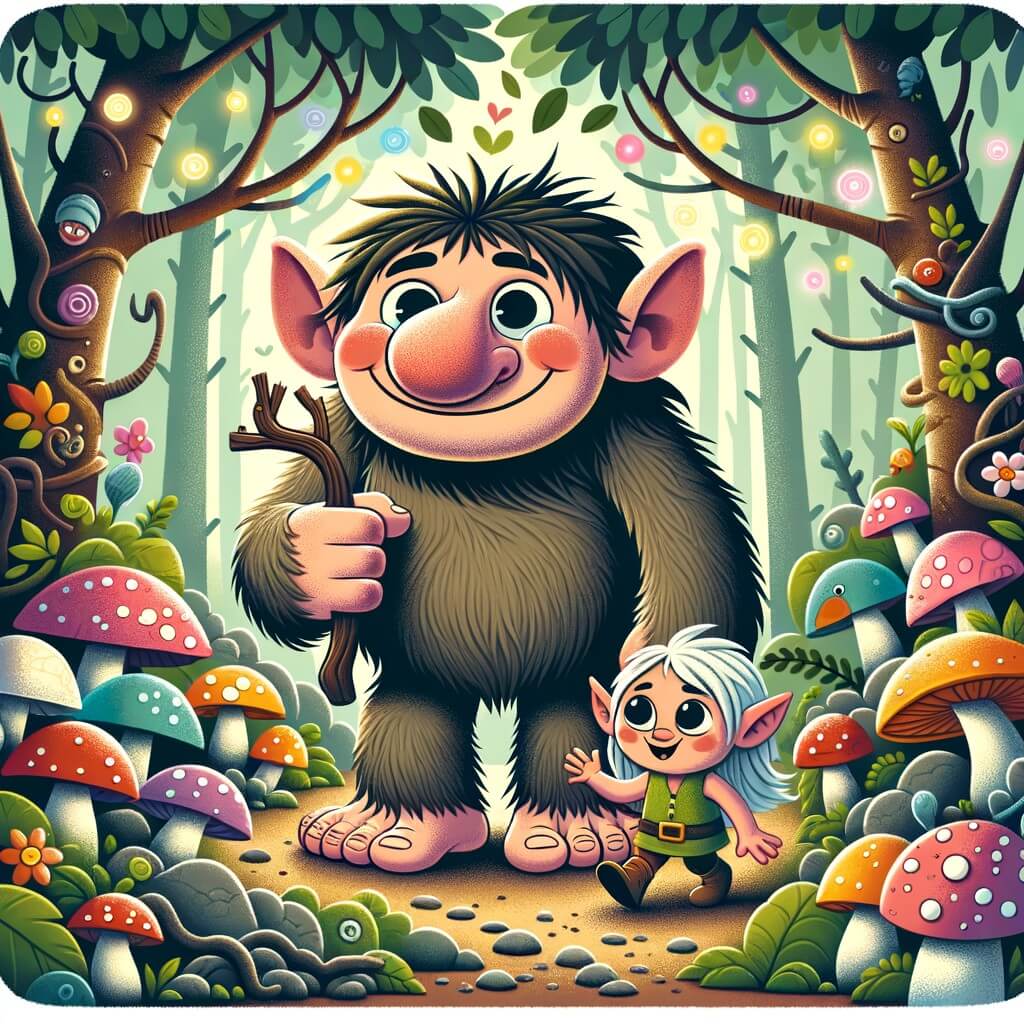 Une illustration destinée aux enfants représentant un troll joyeux et maladroit, accompagné d'un petit lutin espiègle, dans une forêt enchantée remplie de champignons colorés, d'arbres aux branches tordues et de fleurs lumineuses.