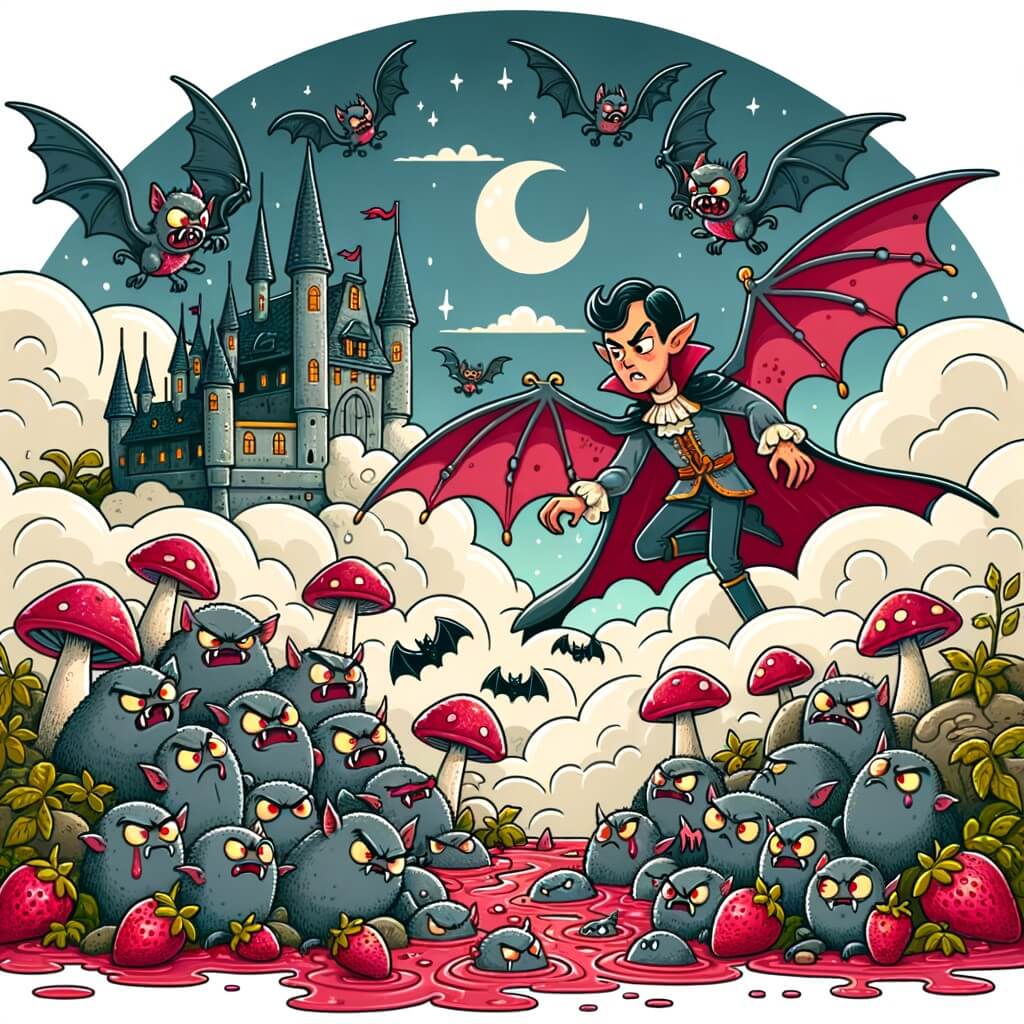 Une illustration pour enfants représentant un vampire rigolo qui cherche à se faire accepter dans un monde fantastique rempli de chauves-souris méchantes, dans un château flottant dans les nuages.