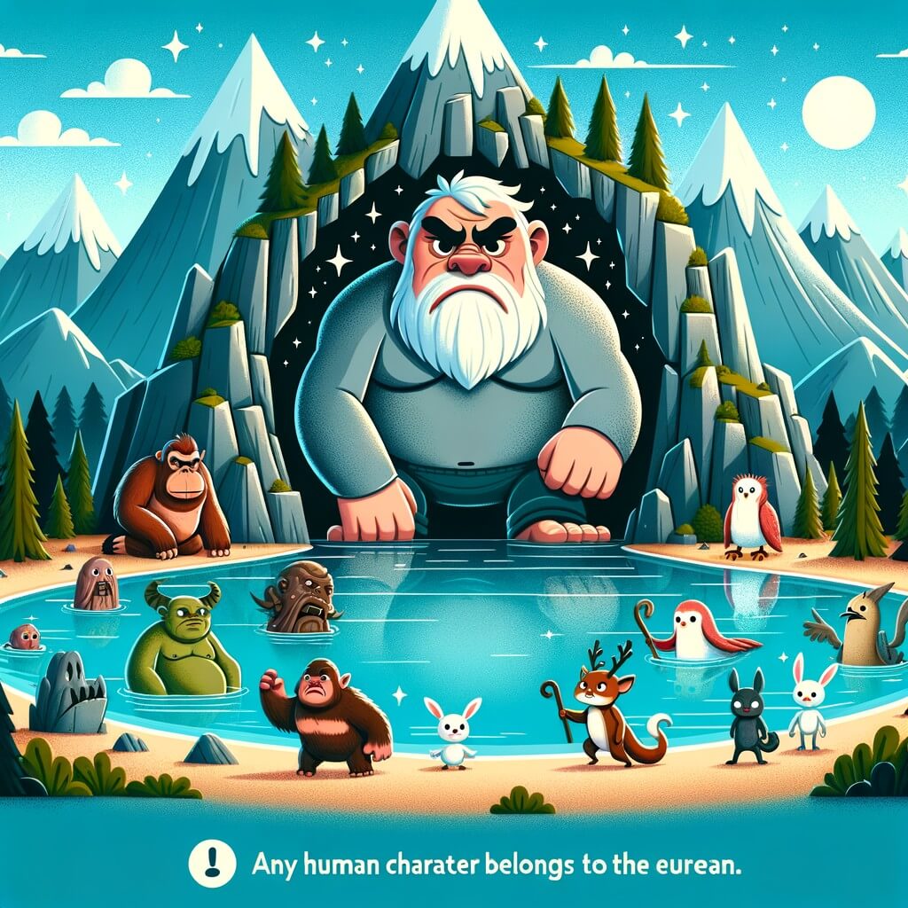 Une illustration destinée aux enfants représentant un géant grincheux, entouré de créatures rigolotes, dans une grotte scintillante au milieu d'un lac entouré de montagnes majestueuses.