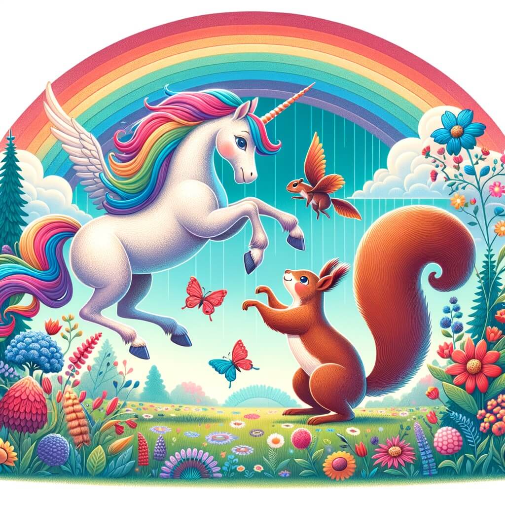 Une illustration destinée aux enfants représentant une licorne rigolote qui fait des acrobaties avec un écureuil farceur dans une prairie colorée remplie de fleurs et d'arc-en-ciel.