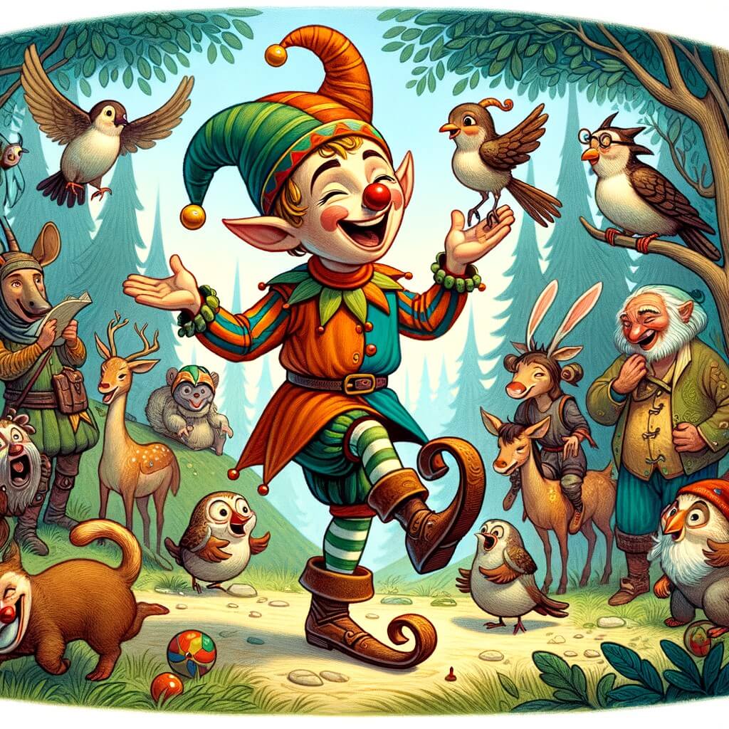 Une illustration destinée aux enfants représentant un joyeux elfe farceur dans une forêt enchantée, accompagné de ses amis animaux, dans une situation de blagues et de fêtes hilarantes.