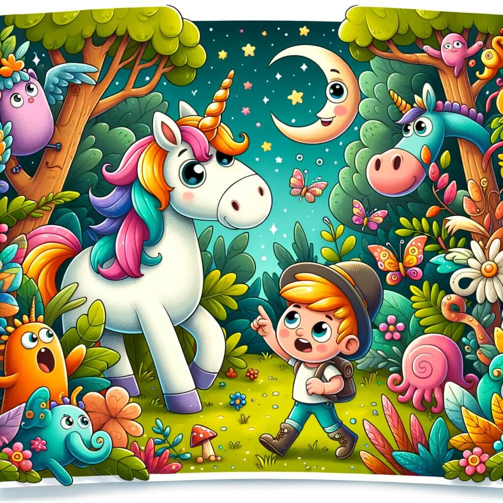 Une illustration destinée aux enfants représentant une licorne espiègle dans une forêt enchantée, accompagnée d'un petit garçon curieux, découvrant un monde rempli de créatures rigolotes et colorées.