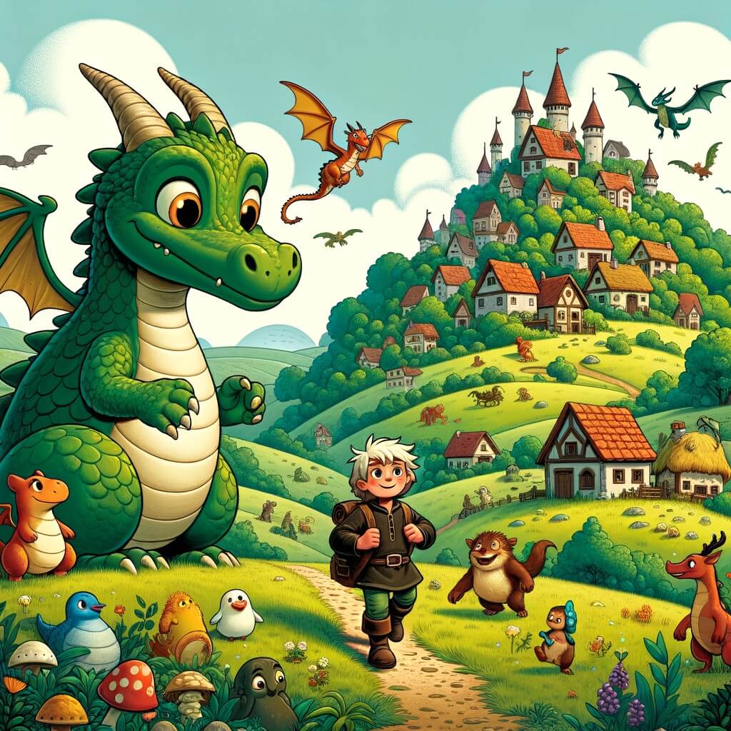 Une illustration pour enfants représentant un dragon rigolo qui rencontre un jeune garçon dans les montagnes de l'est et devient son ami.