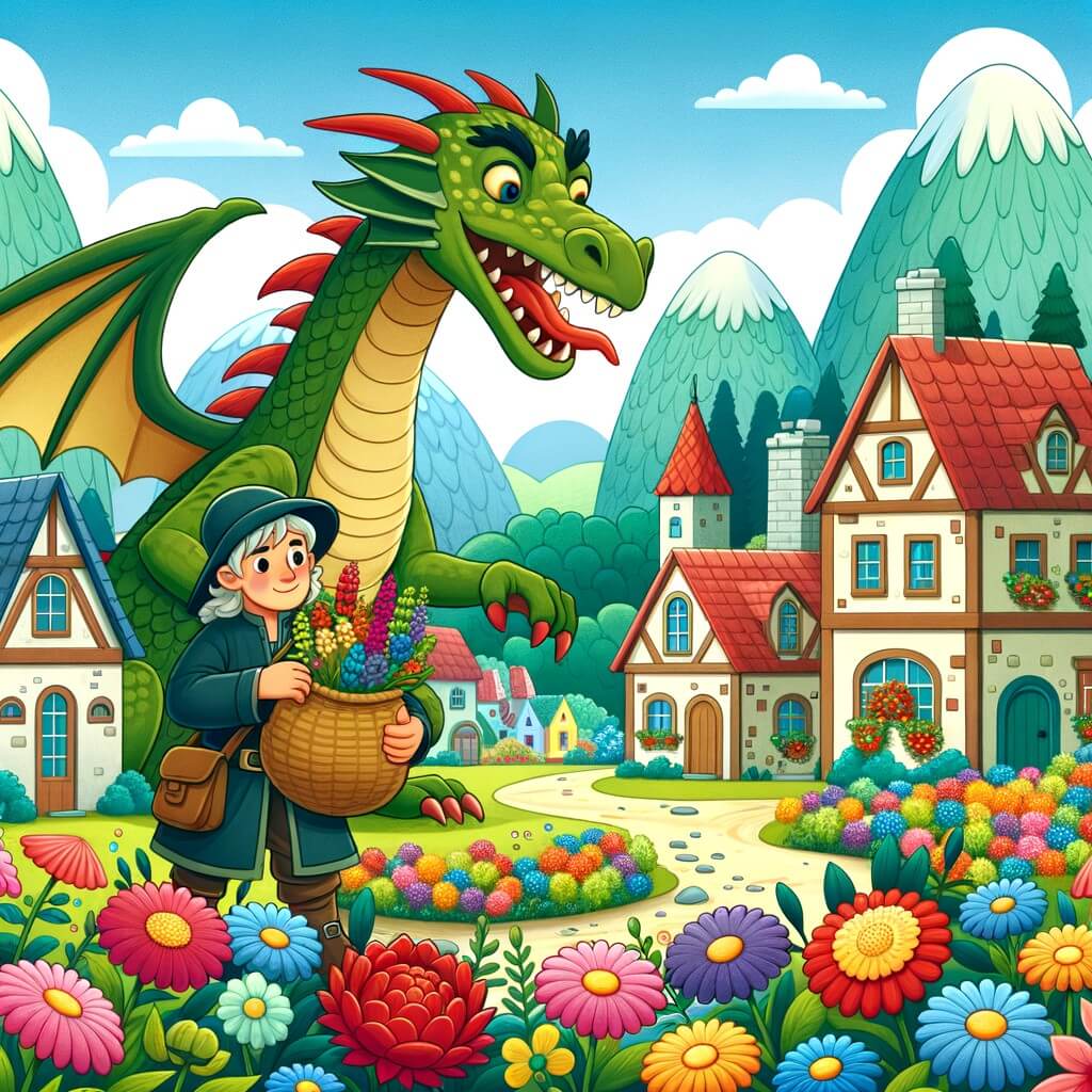 Une illustration destinée aux enfants représentant un dragon farceur, qui aime jouer des tours aux villageois en leur volant des objets, dans un petit village paisible entouré de maisons colorées, de fleurs multicolores et de collines verdoyantes.