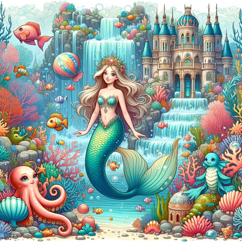 Une illustration destinée aux enfants représentant une ravissante sirène, entourée de créatures marines rigolotes, dans un magnifique royaume sous-marin rempli de coraux colorés, de poissons exotiques et de cascades magiques.