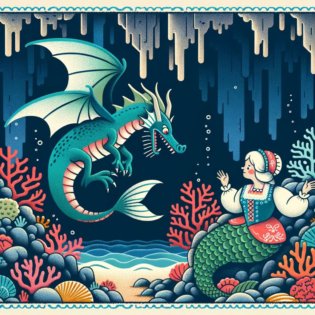 Une illustration destinée aux enfants représentant une sirène maladroite qui rencontre un dragon dans une grotte océanique illuminée par des coraux colorés.