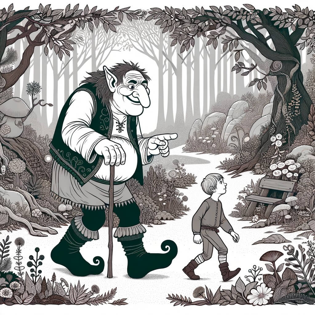 Une illustration destinée aux enfants représentant un ogre maladroit dans une forêt enchantée, accompagné d'un petit garçon curieux, explorant les mystères de la nature.