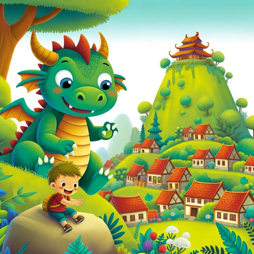 Une illustration destinée aux enfants représentant un adorable dragon farceur qui s'amuse à jouer des tours à un petit garçon dans un village pittoresque niché au sommet d'une colline verdoyante.