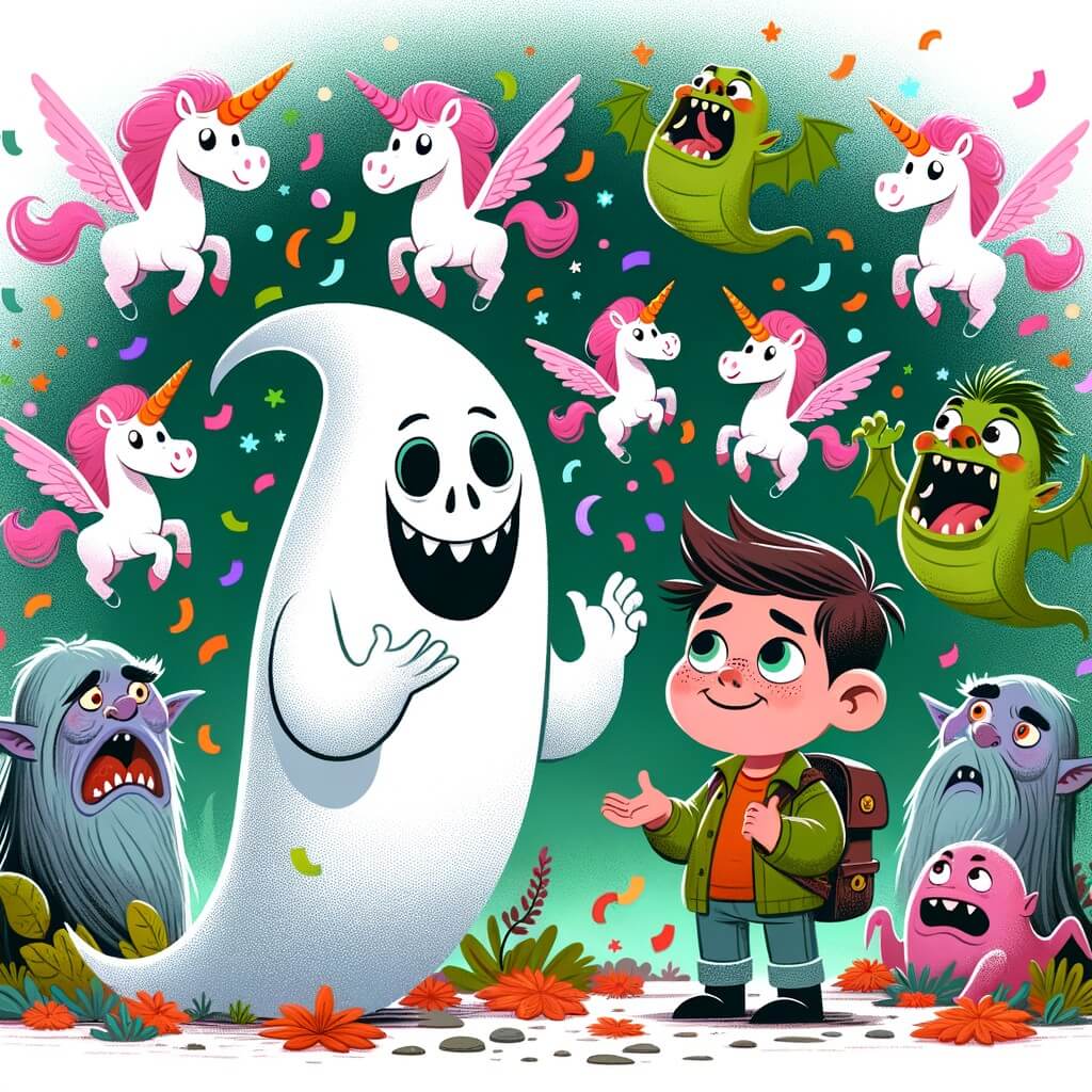 Une illustration pour enfants représentant un fantôme farceur qui vit dans un monde rempli de créatures rigolotes, et qui aime jouer des tours aux habitants de son village fantastique.