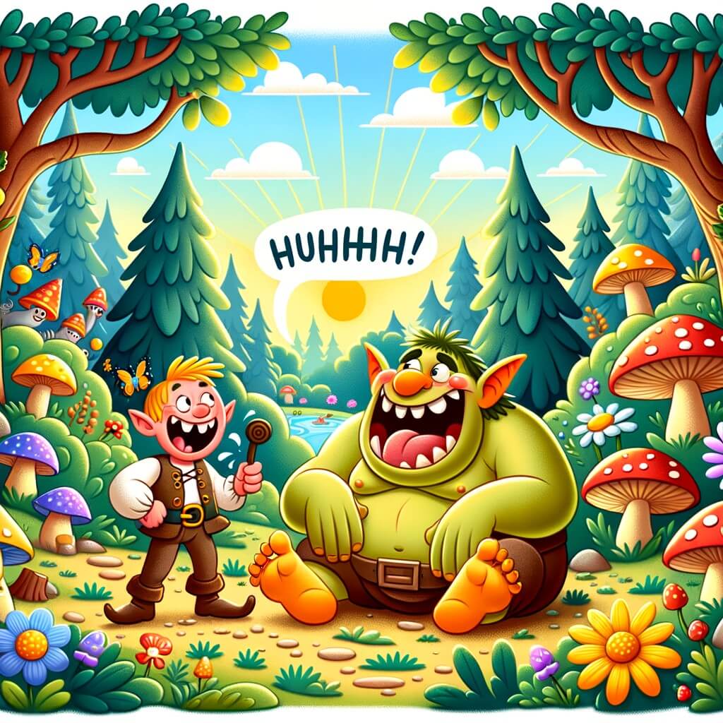 Une illustration destinée aux enfants représentant un ogre rigolo qui fait des blagues avec son ami humain dans une forêt enchantée remplie de champignons colorés, de fleurs lumineuses et d'animaux curieux.