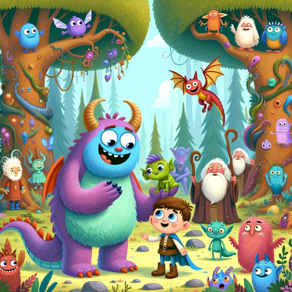 Une illustration pour enfants représentant un monstre gentil aux longues griffes et aux crocs pointus qui aide un petit dragon à retrouver sa maman dans une forêt magique remplie de créatures rigolotes.
