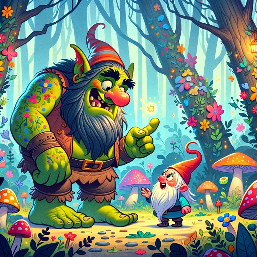 Une illustration destinée aux enfants représentant un ogre farfelu qui se retrouve dans une situation hilarante en compagnie d'un petit lutin malicieux, dans une forêt enchantée aux arbres colorés, aux fleurs géantes et aux champignons lumineux.