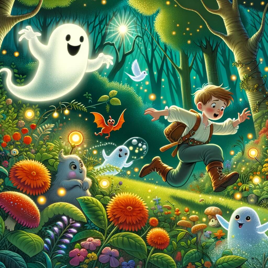 Une illustration pour enfants représentant un fantôme rigolo qui aide un petit garçon à explorer la forêt magique remplie de créatures fantastiques.