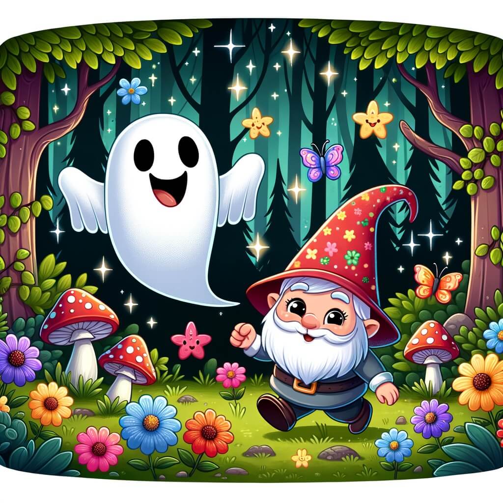 Une illustration destinée aux enfants représentant un fantôme farceur flottant joyeusement dans une forêt enchantée, accompagné d'un adorable lutin malicieux, dans une clairière remplie de fleurs multicolores, champignons magiques et arbres aux feuilles étincelantes.
