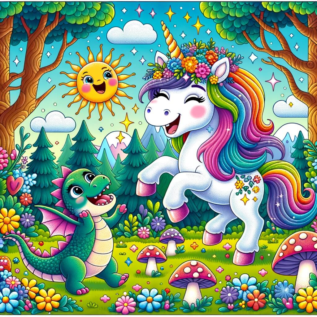 Une illustration destinée aux enfants représentant une licorne joyeuse et étincelante qui rencontre un drôle de petit dragon dans une forêt enchantée remplie d'arbres colorés, de fleurs lumineuses et de champignons rigolos.
