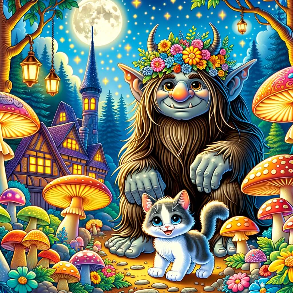 Une illustration destinée aux enfants représentant un troll farceur, accompagné d'un petit chaton malicieux, dans un village enchanté rempli de champignons lumineux et de fleurs multicolores.