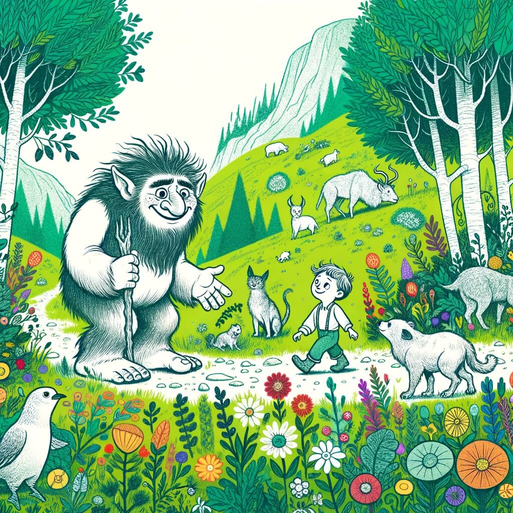 Une illustration destinée aux enfants représentant un troll maladroit et joyeux qui rencontre un petit garçon perdu dans une prairie verdoyante remplie de fleurs colorées et d'animaux curieux.