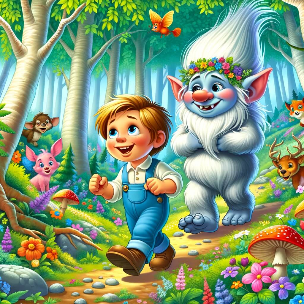 Une illustration destinée aux enfants représentant un troll farceur et malicieux, accompagné d'un petit garçon curieux, explorant une forêt magique remplie de fleurs colorées, d'arbres majestueux et d'animaux rigolos.