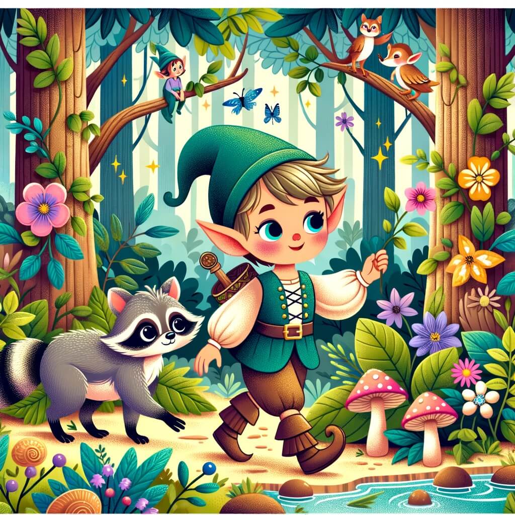 Une illustration pour enfants représentant un petit elfe espiègle qui rencontre une drôle de créature dans une forêt enchantée.