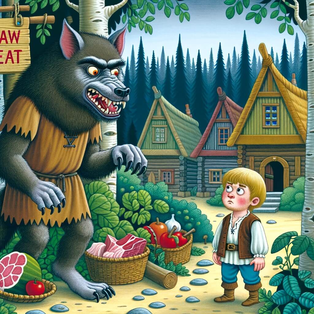Une illustration destinée aux enfants représentant un loup-garou rigolo qui cherche un moyen de se débarrasser de sa dépendance à la viande crue, avec l'aide d'un petit garçon curieux, dans un village de huttes en bois au cœur d'une forêt enchantée.