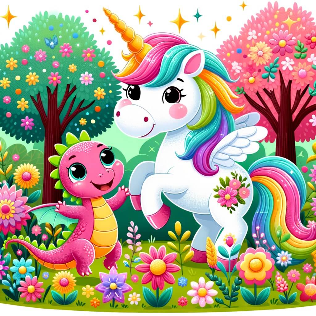 Une illustration destinée aux enfants représentant une licorne joyeuse et colorée, accompagnée d'un petit dragon facétieux, dans une prairie enchantée remplie de fleurs multicolores et d'arbres aux feuilles scintillantes.