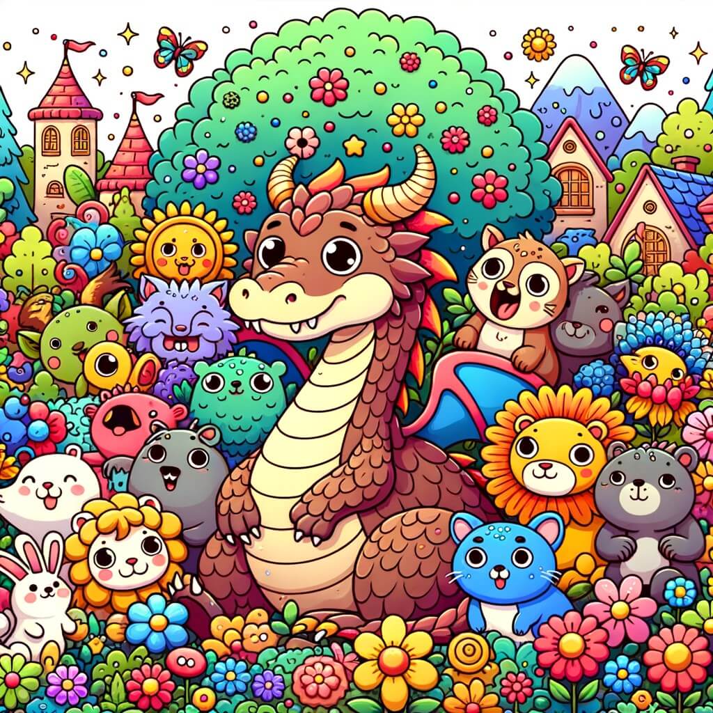 Une illustration destinée aux enfants représentant un dragon rigolo, entouré de ses amis animaux, qui vit dans un village coloré et animé rempli de fleurs multicolores et d'arbres aux feuilles brillantes.