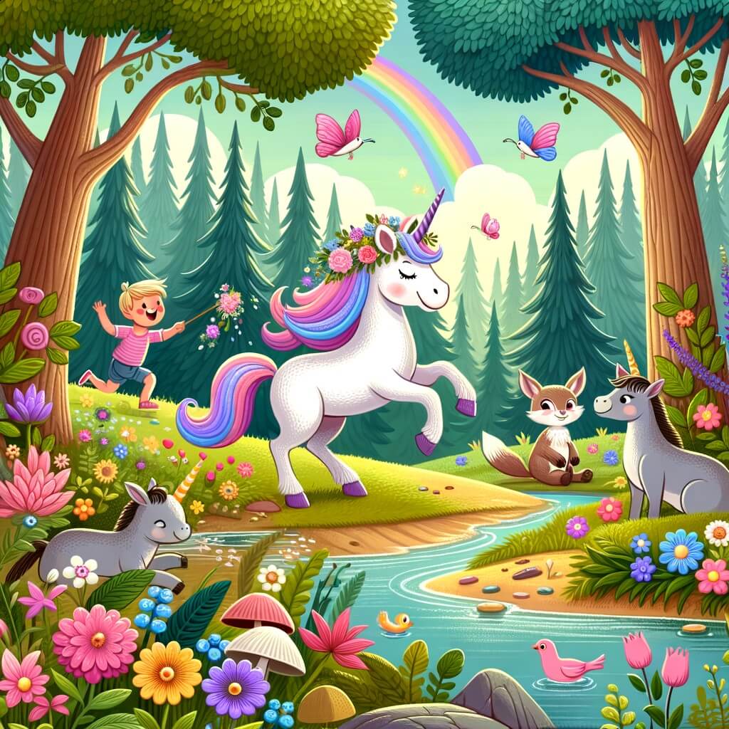 Une illustration destinée aux enfants représentant une licorne espiègle qui joue des tours à ses amis animaux dans une forêt enchantée remplie de fleurs colorées, d'arbres majestueux et de ruisseaux étincelants.