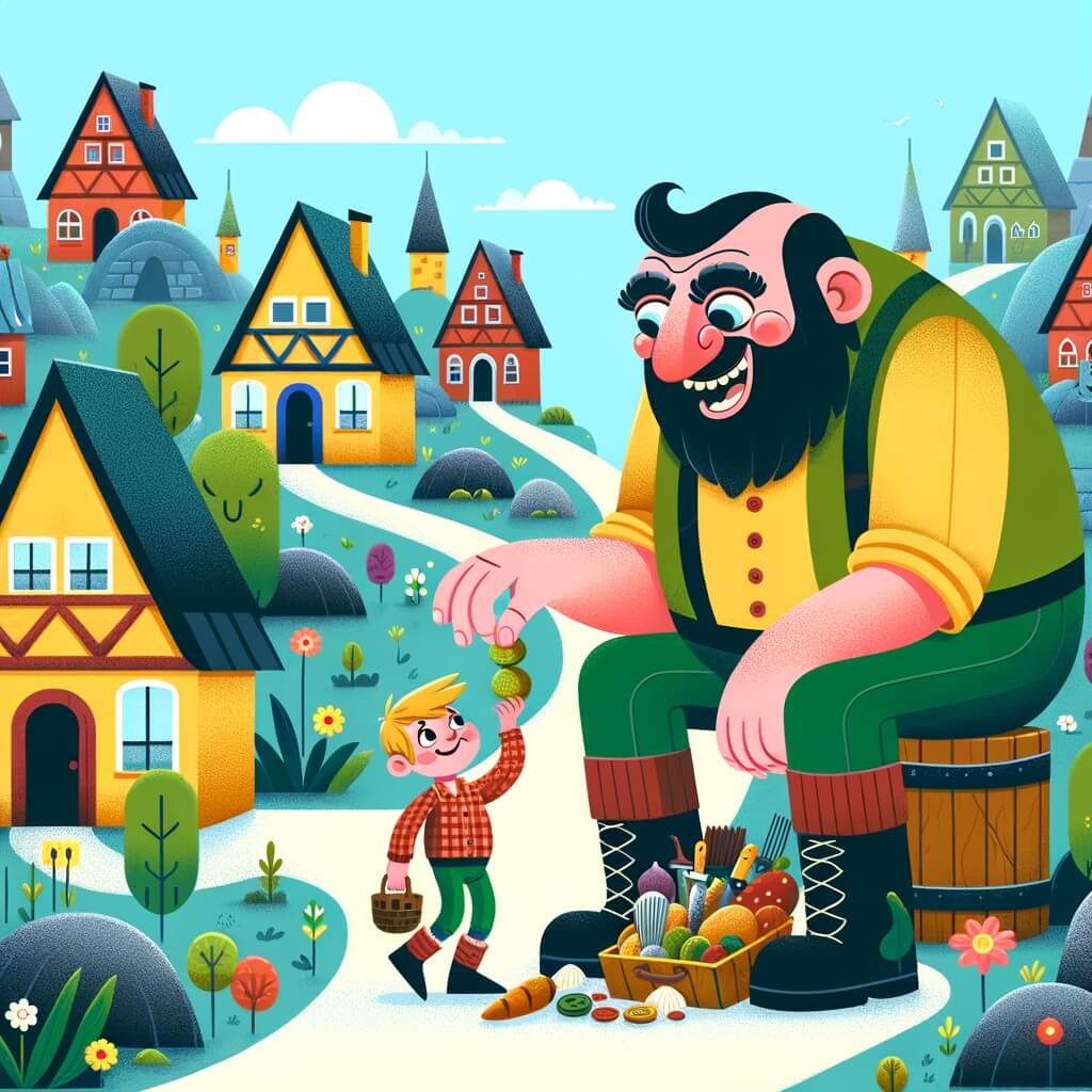 Une illustration destinée aux enfants représentant un géant rigolote qui aide un petit garçon à retrouver de la nourriture volée, dans un village peuplé de géants aux maisons immenses et colorées.
