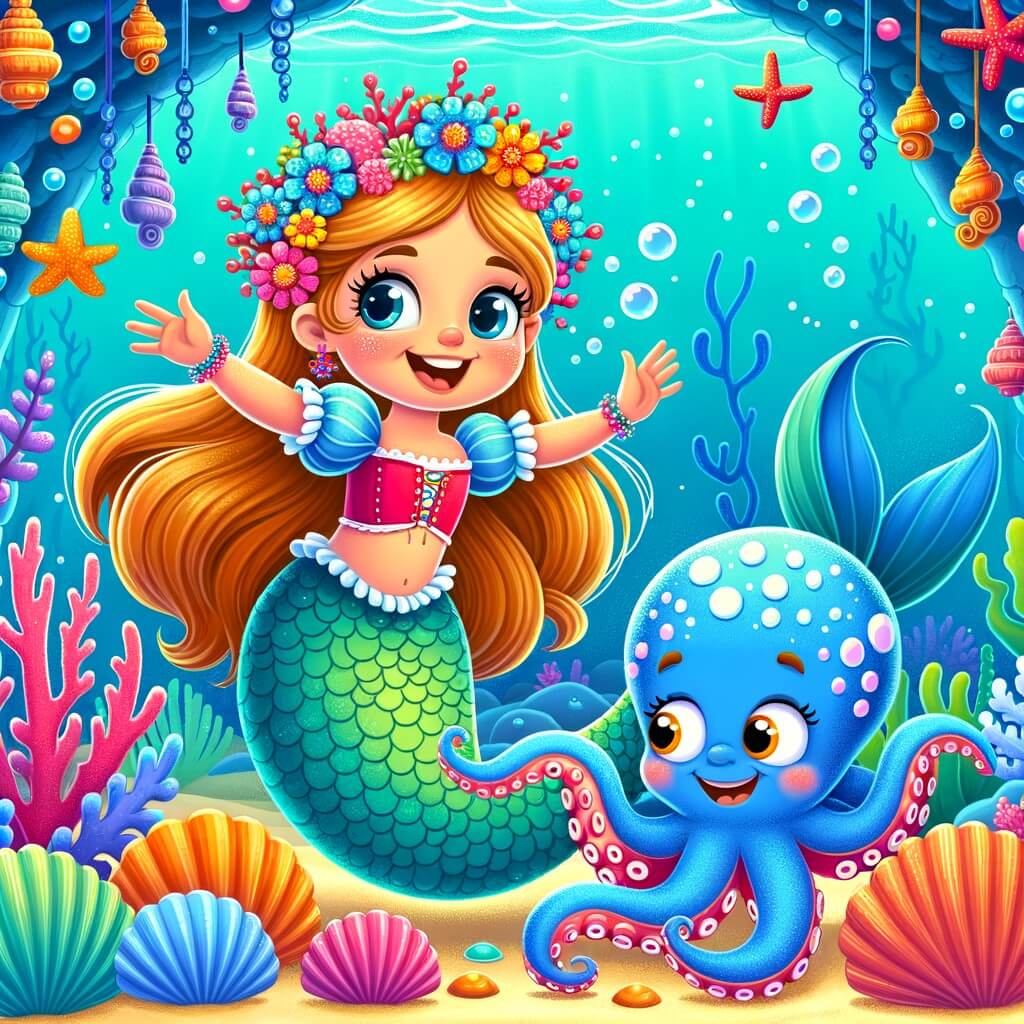 Une illustration destinée aux enfants représentant une sirène joyeuse et espiègle, accompagnée d'un poulpe farceur, dans les eaux turquoise d'une grotte sous-marine scintillante de coquillages et de coraux multicolores.