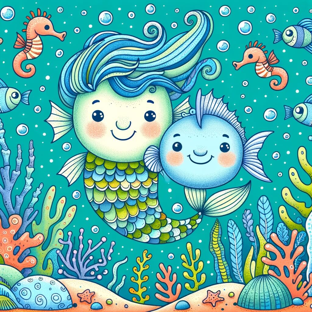 Une illustration destinée aux enfants représentant une sirène aux cheveux bleus nageant joyeusement aux côtés d'un poisson avec une tête d'humain, dans un océan aux eaux turquoise parsemées de coraux colorés et d'hippocampes rigolos.