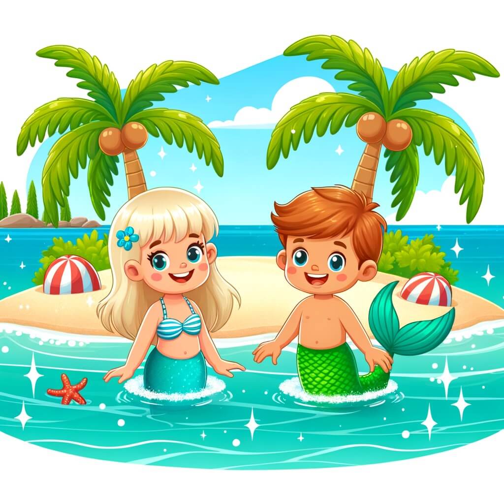 Une illustration destinée aux enfants représentant une sirène joyeuse et espiègle, accompagnée d'un petit garçon échoué sur une île tropicale remplie de palmiers, de sable blanc et d'une eau turquoise scintillante.