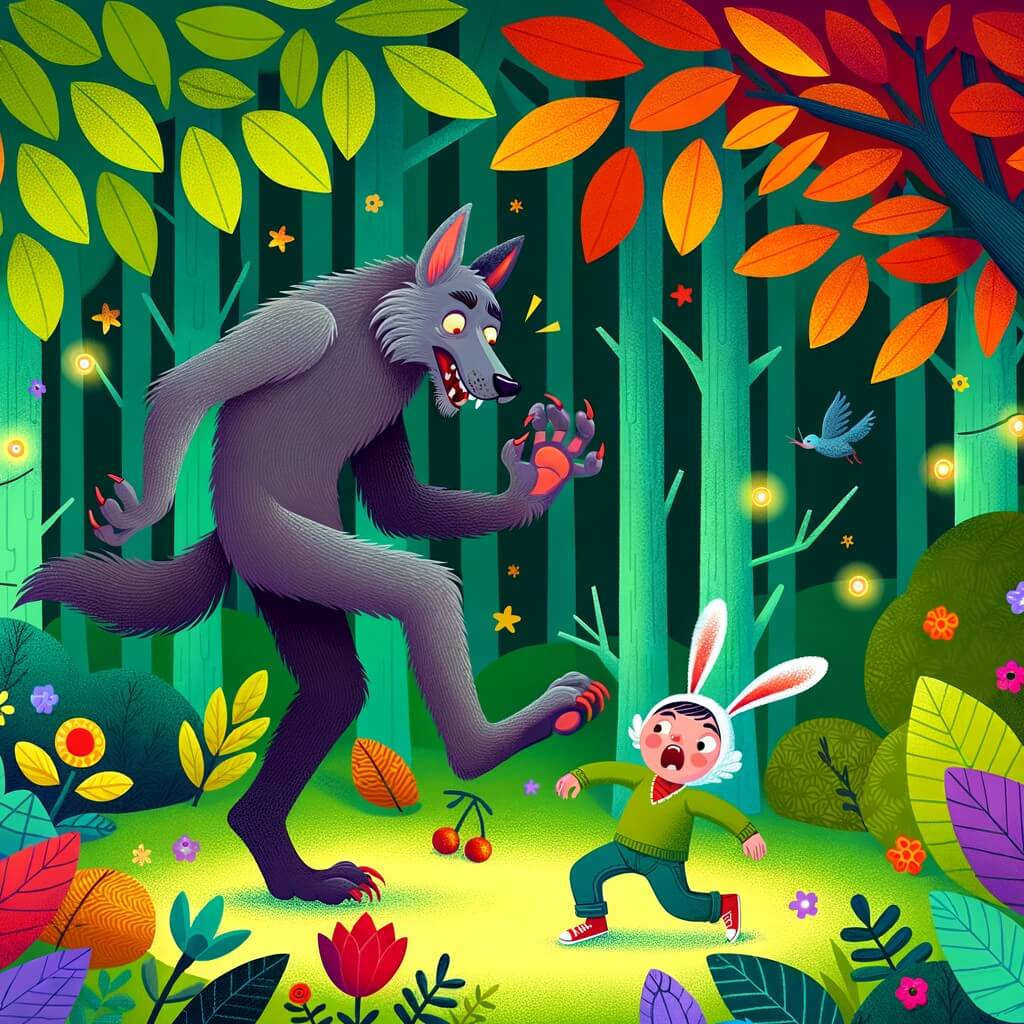 Une illustration destinée aux enfants représentant un loup-garou maladroit, se retrouvant dans une hilarante situation avec l'aide d'un petit lapin farceur, dans une forêt enchantée remplie d'arbres aux feuilles multicolores et de fleurs lumineuses.
