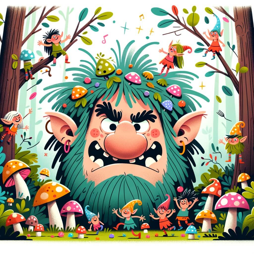Une illustration destinée aux enfants représentant un géant rigolo avec des cheveux en bataille, en train de faire des grimaces dans une forêt enchantée peuplée de lutins et de champignons multicolores.