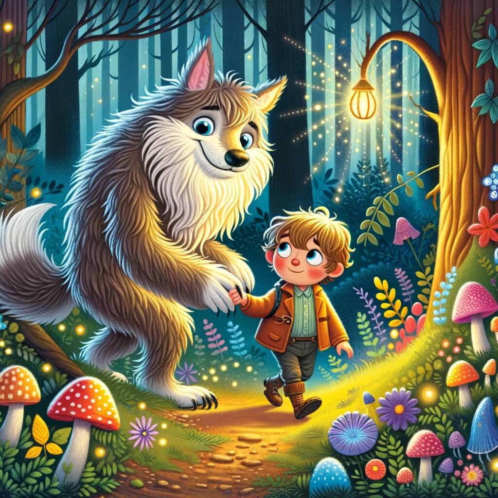 Une illustration destinée aux enfants représentant une adorable créature mi-loup mi-humain, avec des cheveux hirsutes et une queue touffue, qui aide un petit garçon perdu à retrouver son chemin dans une forêt enchantée remplie de fleurs lumineuses et de champignons colorés.